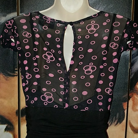 Tatyana Jenny Vintage 1940's Hollywood Starlet Black Chiffon Tea Dress Pink Dots - Picture 8 of 8